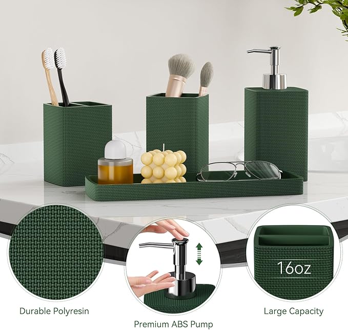Green Bathroom Set, Dark Green Bathroom Accessories Set with Shower Curtain and Rugs, Bath Towel Sets, Natural Loofah Sponge, Soap Dispenser, Toothbrush Holder, Bathroom Tumbler and Tray for Bathroom - Image 3