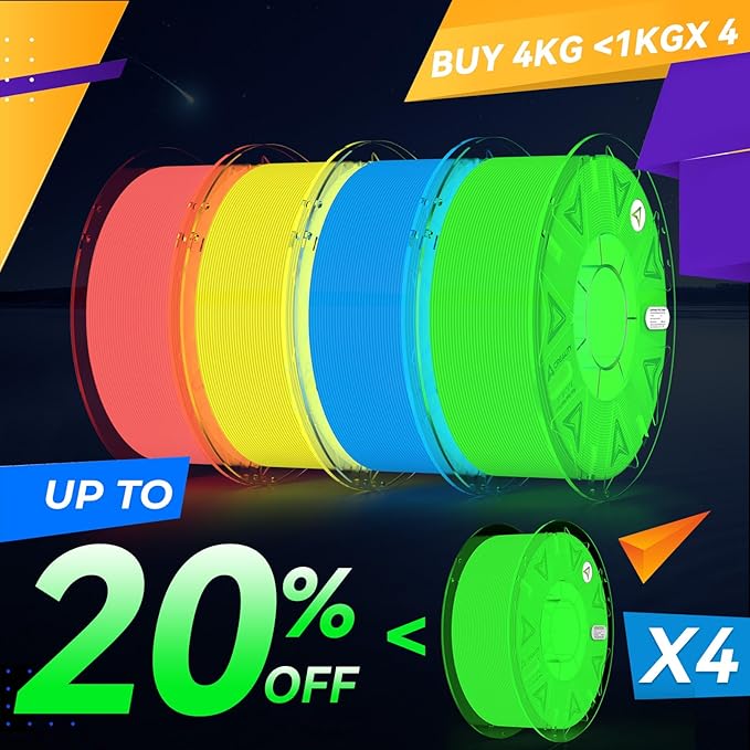 Creality Glow in The Dark Hyper PLA Filament, 3D Printer Filament Bundle, Hyper PLA Filament 1.75mm, Dimensional Accuracy +/-0.02mm, Fit Most FDM 3D Printers, 4 Pack 1kg Spool(Pink,Blue,Yellow,Green) - Image 2