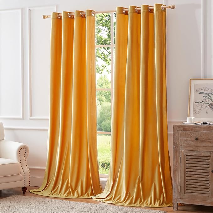 BULBUL Mustard Yellow Velvet Curtains 72 inch Luxury Elegant Living Room Curtain Privacy Modern Light Blocking Thermal Insulated Soundproof Room Darkening Drapes for Classical Bedroom Set of 2 - Image 7