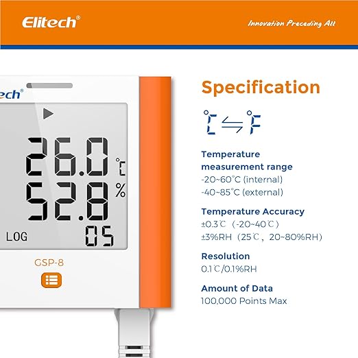 Elitech Digital Temperature Humidity Data Logger Medical Refrigerator Thermometer Vaccine Fridge Temperature Monitor Max Min Value, GSP-8, 10 Pack - Image 2