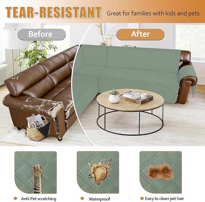 Arfntevss Waterproof Sectional Couch Covers L Shape Washable Velvet Sofa Cover for Sectional Non Slip Large Corner Slipcovers Dog 6 Pcs Universal U Shaped Furniture Protector (Sage Green, X-Large) - Image 7