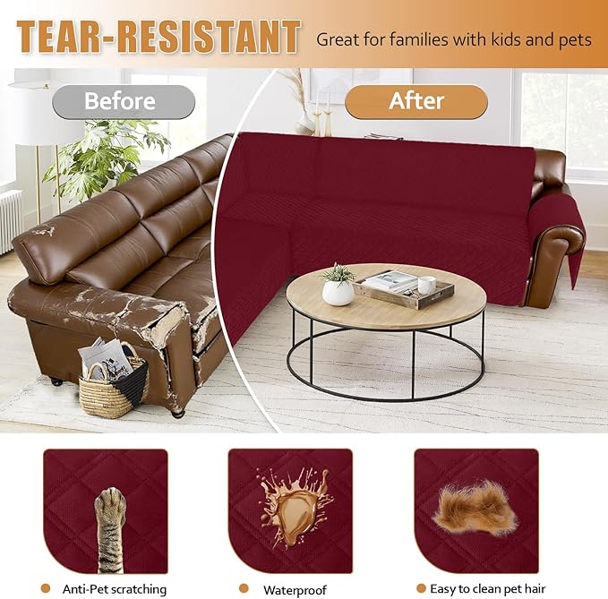 Arfntevss Waterproof Sectional Couch Covers L Shape Washable Velvet Sofa Cover for Sectional Non Slip Large Corner Slipcovers Dog 6 Pcs Universal U Shaped Furniture Protector (Wine Red, XX-Large) - Image 7