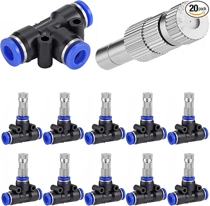 Mornajina 20 Pcs Brass Misting Nozzles Mister Replacement Nozzles with Filter Mesh & 1/4" Water Misting Nozzle Tees Kit, 0.012"/0.3mm Orifice Misting System Heads Sprayer for Outdoor Cooling System, by Mornajina
