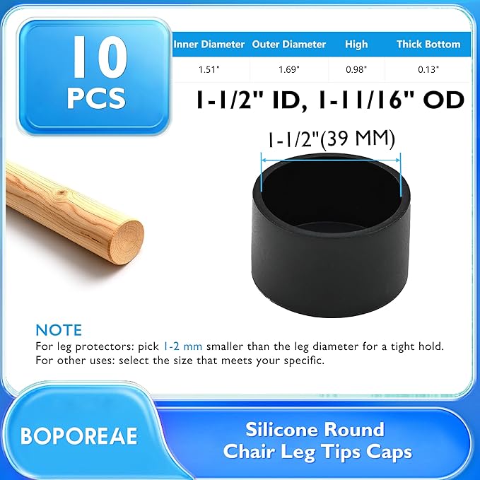 10 Pcs 1-1/2" (39 mm) Round Chair Leg Tips Caps, Silicone Rubber Furniture Leg Floor Protectors, Reduce Noise Folding Metal Chair Leg Cap Replacement for Bar Stool Leg Patio Indoor, Black - Image 9