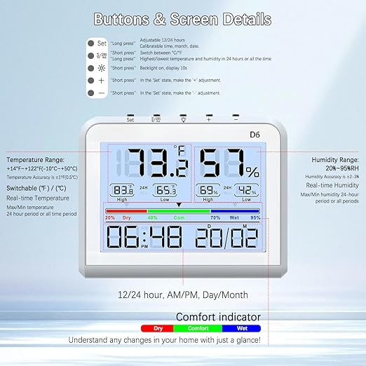 Digital Room Thermometer Indoor, Hydrometer Humidity Meter with Max and Min Records, 3.5inch LCD Screen, 10 Seconds Backlight, Temperature and Humidity Monitor with Clock for Home Room Temperature. - Image 9