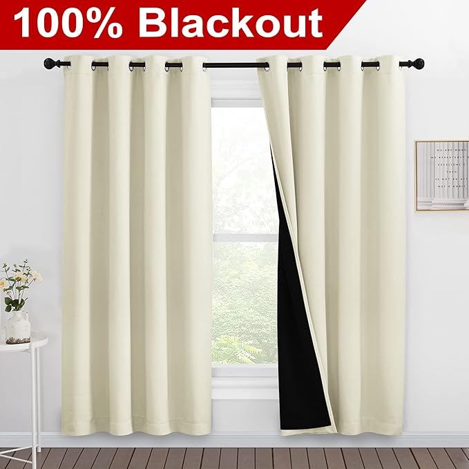 NICETOWN Living Room Completely Shaded Draperies, Privacy Protection & Noise Reducing Ring Top Drapes, Black Lined Insulated Window Treatment Curtain Panels (Beige, 2 Pieces, W55 x L78) - Image 2