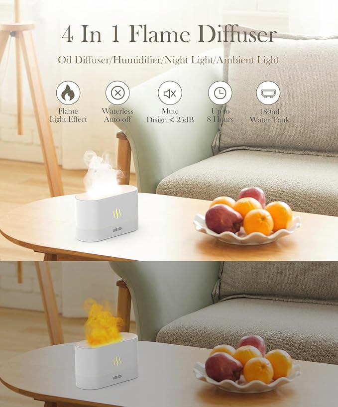 Essential Oil Diffuser,Humidifier with 7 Colors Flame Light,180ml Air Humidifiers for Bedroom, Home, Office, Gifts - Portable,Auto-Off Protection,4 Modes Mist(White) - Image 3