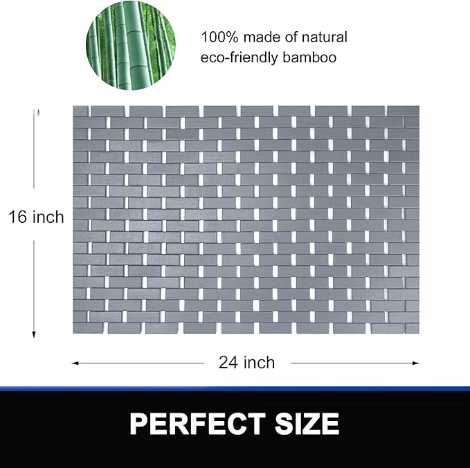 Bamboo Bath Mat Bathroom Rugs Floor Wood Shower Bathtub Waterproof Non Slip Grey Accessories 16x24 Inch Easy to Clean, 2 pcs - Image 5