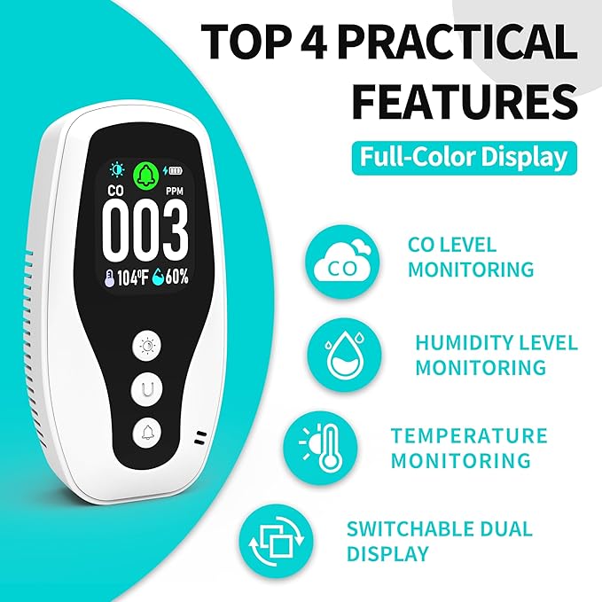 Protmex 3 in 1 Carbon Monoxide Detector and Temperature Humidity Monitor - Socket-Type Plug-in Alarm with Dual Power Modes & Flame Retardant, for Home, Bedroom, Office Safety - Image 3