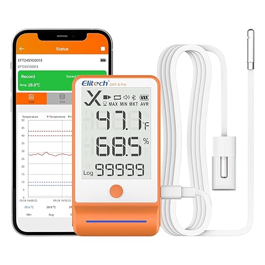Elitech Bluetooth Thermometer Data Logger Temperature with Shadow Data 100000 Points Data Storage Export, Pharmacy Vaccine DDL Calibration Certificate, MAX MIN AVR MKT GSP-6Pro-GLE by Elitech