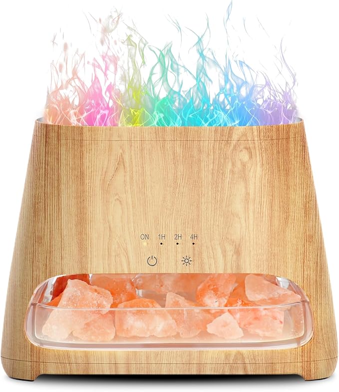 SALKING Colorful Flame Fire Diffuser Humidifier, Himalayan Salt Lamp, 7 Colors Changing Oil Diffuser, Ultra-Quiet Essential Oils Aromatherapy Diffusers for Large Room, Bedroom,150ml (Wooden Grain) by SALKING