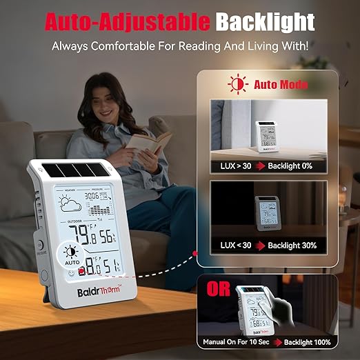 BaldrTherm Wireless Weather Station, Dual-Zone Indoor & Outdoor/Childroom Temp Humidity Monitor, Auto Smart Backlight,Temp/Humidity/Barometric Trend Visualization, White&White - Image 3