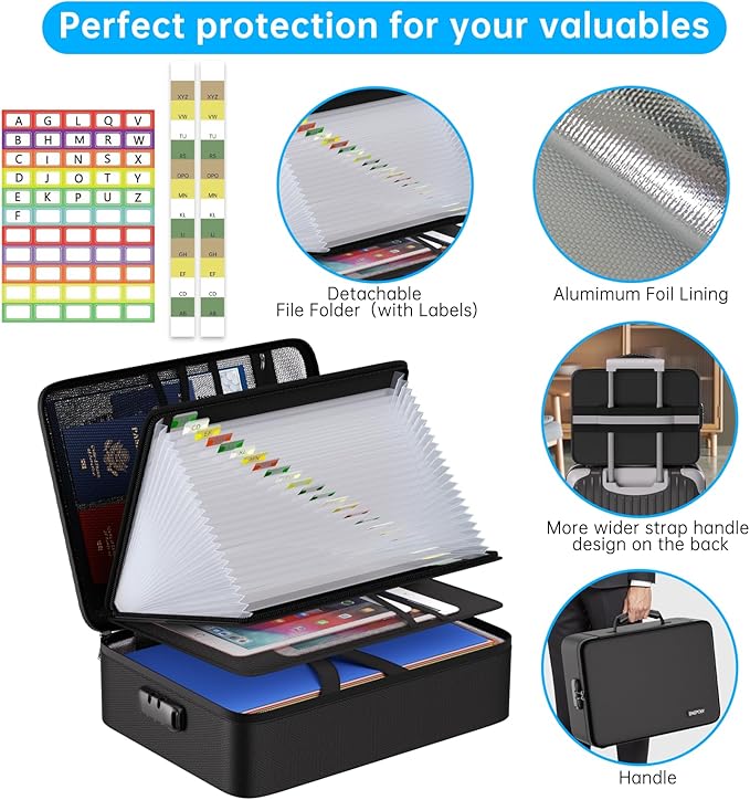 ENGPOW Fireproof Document Box with Lock,5200℉ Soft Case Fireproof Box with 25 Pocket Accordion File Folder,Multi-Layer Fireproof Water Resistant File Organizer Storage for Important Documents,Laptop - Image 8