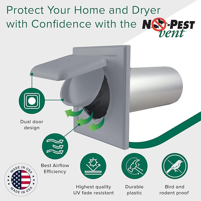 NO-PEST VENT, Exclusive Dual Door Dryer Vent Cover Outdoor 4 inch or Bathroom fan, Made in USA w Highest UV Resistant Plastic in any Outdoor Vent Cover (Slate Grey, 4 inch With 12" Duct Tube) - Image 2