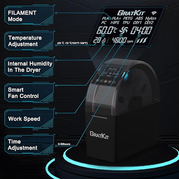 GratKit 3D Filament Dryer Box Firefly V2.0, Tuya App Controlled Smart Filament Dryer, Up to 70℃，5015 Fan Included, Compatible with Most 3D Printing filaments, PLA, PLA+, PETG, TPU, ABS, Nylon - Image 8