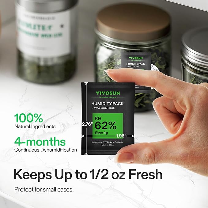 VIVOSUN 62% RH Two-Way Humidity Control Packs, Size 4 g, 10 Packs for Storing 1/2 oz, Moisture Balancer with RH Indicator Card for Food & Herb Storage - Image 2