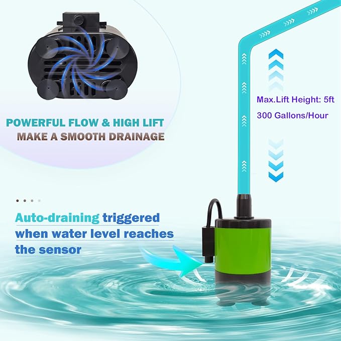 Small Pump With Level Sensor,5 FT Drain Lift,110V Automatic Submersible Water Pump Mini HAVC Condensate Pump For Dehumidifier,Air Conditioner, Ice Maker, Furnace,Air Cooler,PM02Green - Image 3
