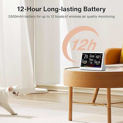 Upgrade Extended 12-Hour Battery Life 16 in 1 Air Quality Monitor Indoor with 7" Display, Professional Air Quality Meter for CO2, TVOC, PM2.5, PM1.0, PM10, HCHO, Temperature, Humidity, AQI & Time - Image 2