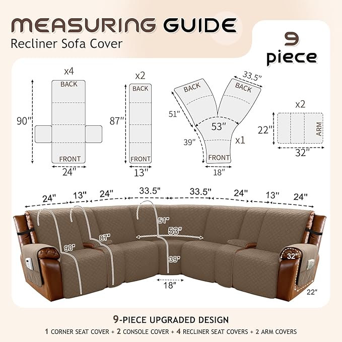 Arfntevss Waterproof Recliner Sectional Couch Covers for Reclining L Shape Sofa Cover Non Slip Washable L Shaped Slipcover Sets for Dog Furniture Protector (5 Seat with 2 Console Cover, Light Brown) - Image 5