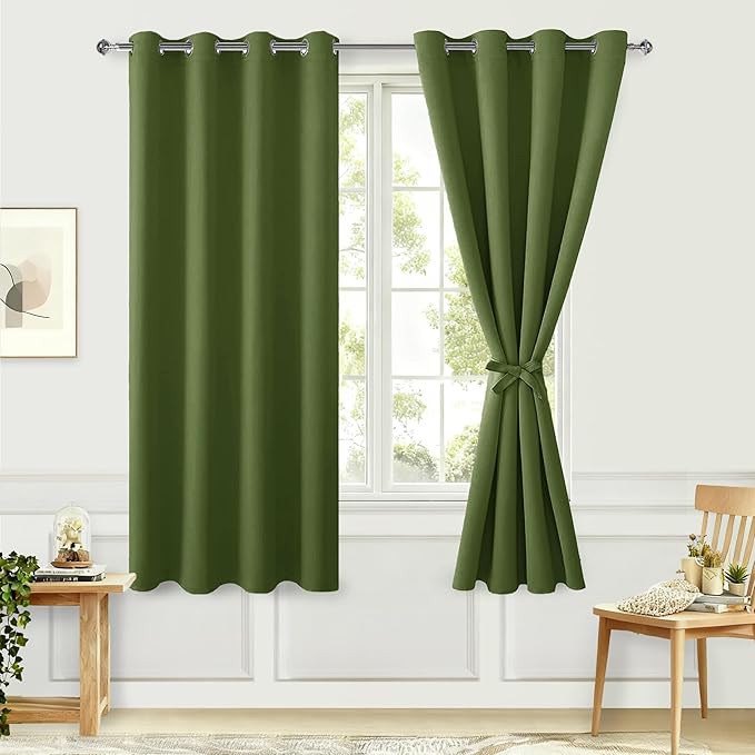 Hiasan Blackout Curtains for Bedroom, 52 x 63 Inches Length - Thermal Insulated & Energy Saving Window Curtains for Living Room, 2 Drape Panels Sewn with Tiebacks, Olive Green by Hiasan