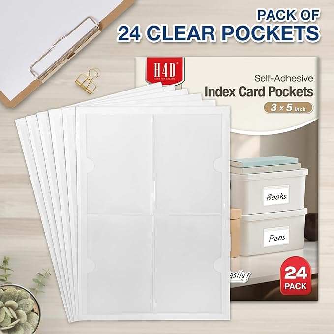 H4D 24 Pack Labels for Storage Bins, 3" x 5" Plastic Clear Adhesive Index Card Holders, Tote Label Pockets for Organizing Storage, Library Card, Shelves - Image 2