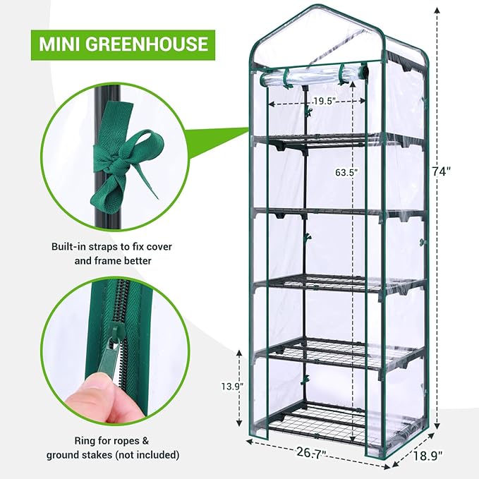 Mini Greenhouse for Outdoors Indoor: Ohuhu Small Plants Green House with 5 Tier Shelves, Portable Plastic Greenhouses with Heavy Duty Transparent PVC Cover for Garden Patio Backyard Porch Balcony - Image 4
