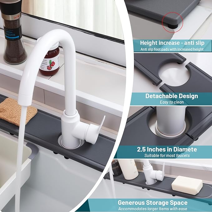 Faucet Mat for Kitchen Sink with Raised Feet, Fast Drying Diatomite Stone Sink Tray, Water Absorbent Faucet & Sink Splash Guard, Prevents Moisture Buildup, Durable Protector for Bathroom Counter - Image 2