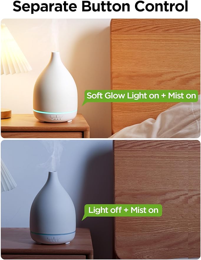 InnoGear Oil Diffuser, 300ML Ceramic Diffuser for Essential Oils Handcrafted Aromatherapy Diffuser Ultrasonic Cool Mist Humidifier with 4 Timers Waterless Auto Off for Room Office, White Base - Image 4