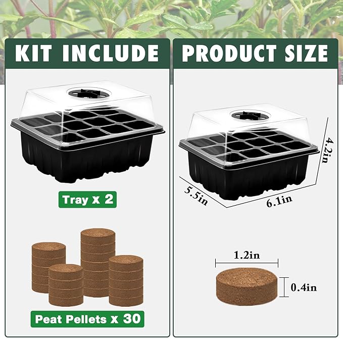 Zeedix 2 Set Seed Starter Tray Kits with Soil, 2 Pack Seed Trays with 30 Pack Coco Coir Pellets, Adjustable Humidity Germination Tray with Dome Lids for Indoor Plants, Greenhouse for Vegetables Garden - Image 4