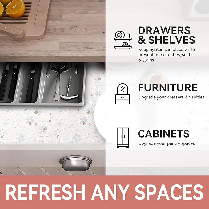 Ray Star Shelf Liner, 12in x 10FT Non Adhesive Floral Cabinet Liner for Pantry Refrigerator Drawer, Strong Grip Non Slip Waterproof Easy Trim, Durable Shelf Liners for Kitchen Cabinets Organization - Image 6