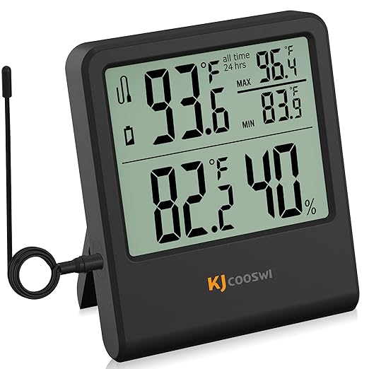 Digital Indoor Outdoor Thermometer Wired, Indoor Outdoor Temperature Monitor with Min/Max Record and Extra Temperature Probe Sensor for Home, Office, Greenhouse, Aquarium, Refrigerator, Freezer by KJCOOSWI