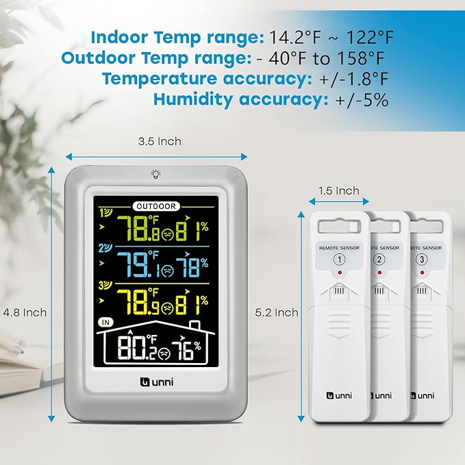 Indoor Outdoor Thermometer Wireless, 4.5 Inch Display Digital Hygrometer Thermometer Temperature Humidity Monitor with 330ft Range Sensor and Adjustable Backlight (Multi) - Image 6