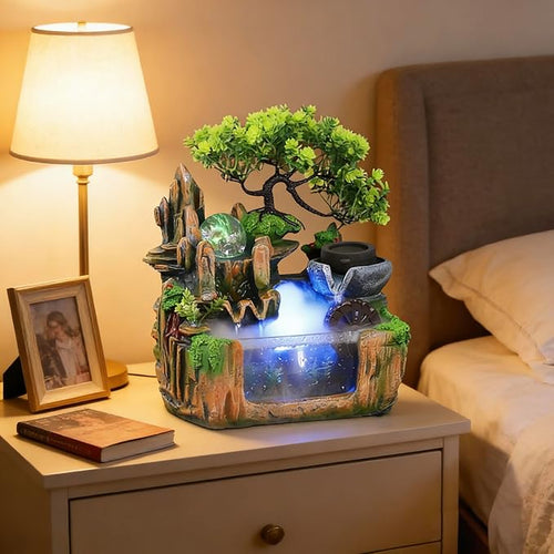 10Inch Bonsai Tree Rock ​Water Fountains Indoor Tabletop Waterfall Humidifier with LED Light and Atomizer Mist, Desktop Decoration Fake Plants Mini Fish Tank Feng Shui Decor Festival Birthday surprise by kunghei