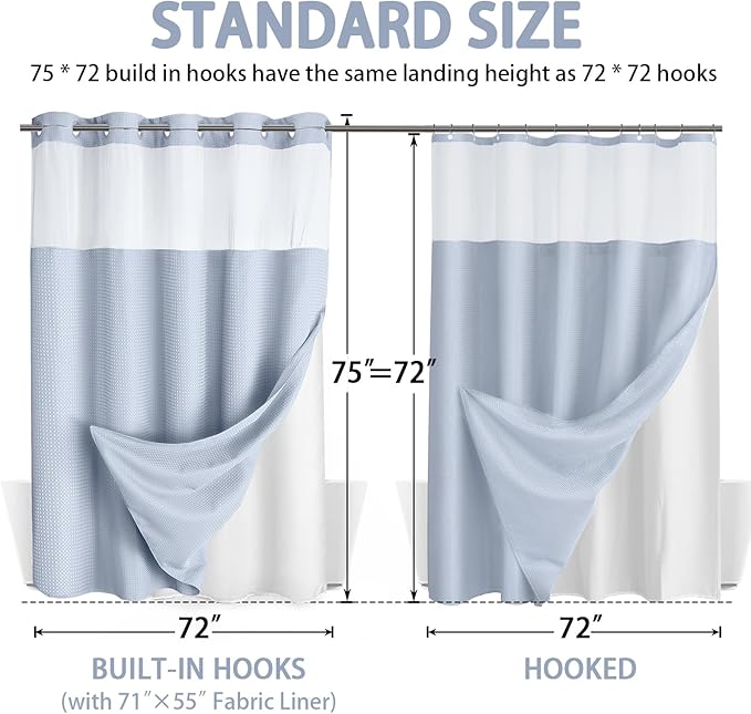 No Hook Shower Curtain and Liner Set,Mist Blue Hotel Waffle Shower Curtain with Liner 75" L x 72" W - Image 6
