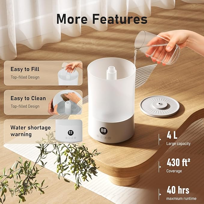 Humidifiers for Bedroom, 1Gal Top Fill Humidifier for Large Room, 250ml/h Cool Mist Output Humidificador, 24dB Quiet Air Humificador with Remote, Easy to Fill & Clean, fit Baby & Plants (White) - Image 3