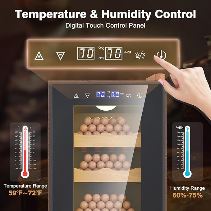 Electric Cooler Cabinet 35L with Temperature and Humidity Control, Leather Finish, Spanish Cedar Wood Shelves and Safety Lock (300 Counts Capacity), Gift for Men - Image 3
