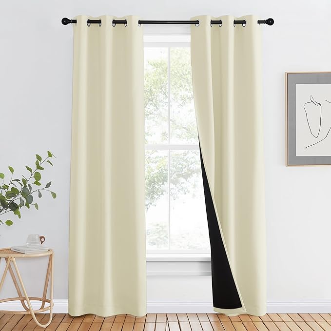 NICETOWN Living Room Completely Shaded Draperies, Privacy Protection & Noise Reducing Ring Top Drapes, Black Lined Insulated Window Treatment Curtain Panels (Beige, 2 Pieces, W37 x L80) by NICETOWN