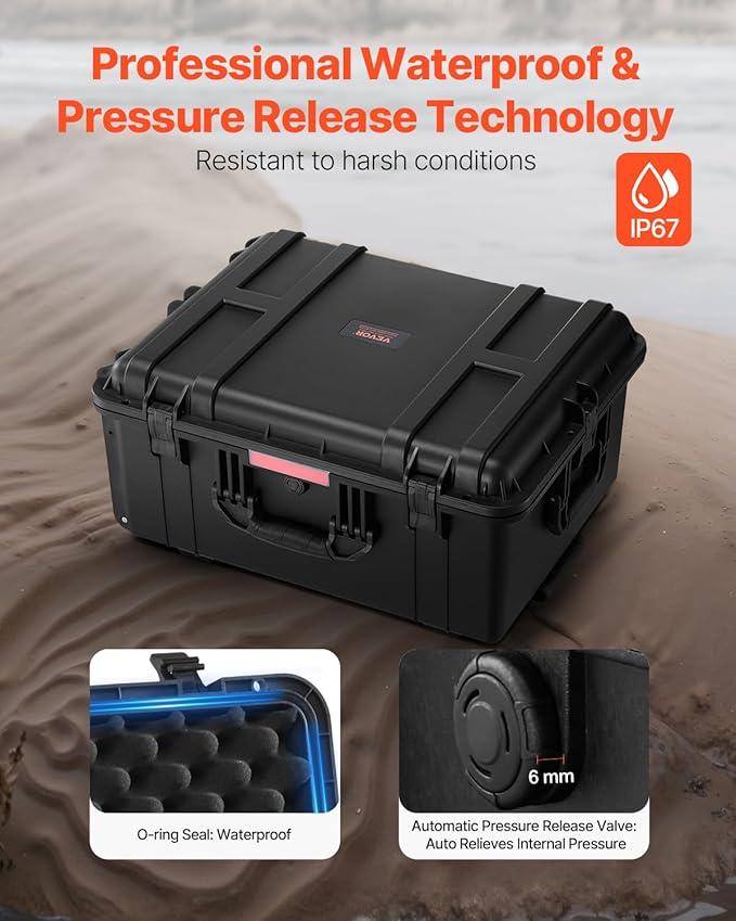 VEVOR Weatherproof Hard Case, Heavy Duty Protective Dry Box Case with Pre-Cut Foam, Wheel Retractable Pull Handles for Travel, Hunt, Military, Tactical, IP67 Waterproof Case for Camera(24.8*19.7*12.5) - Image 4