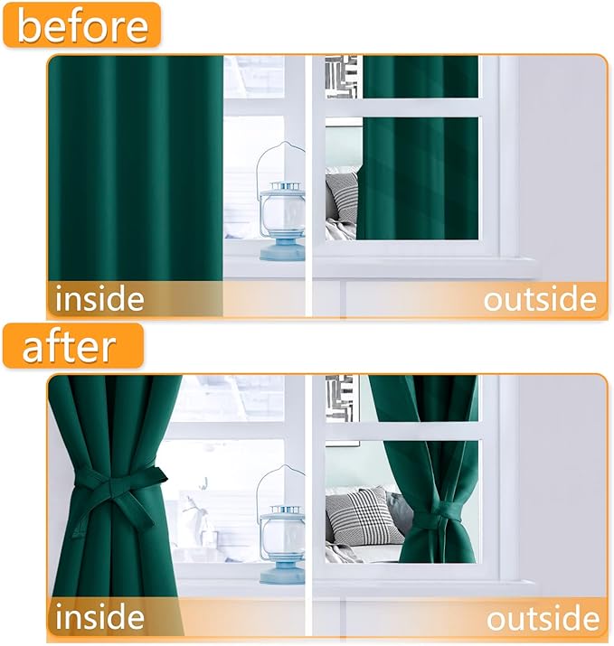 Hiasan Blackout Curtains for Bedroom, 60 x 63 Inches Length - Thermal Insulated & Energy Saving Window Curtains for Living Room, 2 Drape Panels Sewn with Tiebacks, Hunter Green - Image 4