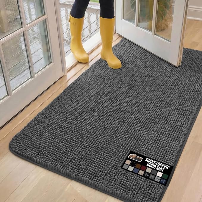 GORILLA GRIP SOAKSTOPPER Dog Door Mat, 60x36 Machine Washable Rug Absorbent Doormat Captures Moisture Mud Dirt, Quick Dry Soft Chenille Entryway Rugs Indoor Entrance Mats for Dog Paws, Charcoal by GorillaGrip