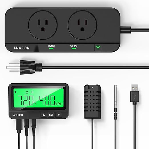 LUXBIRD WiFi Temperature & Humidity Controller LTC-318-W, Smart Thermostat Humidistat Outlet with Split Monitor, Dual-Zone Temperature Humidity, App Control for Grow Tent Greenhouse Reptile Terrarium by Luxbird