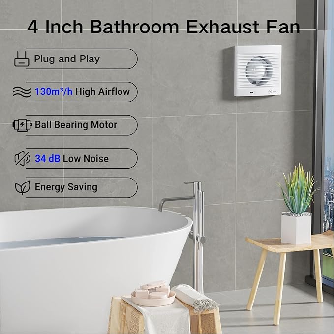 4 Inch Wall Mount Bathroom Exhaust Fan, Plug in Wall Exhaust Fan, 12W 77 CFM Bathroom Window Fan with Backdraft Damper for Kitchen, Garage, Office, 34 dB, White - Image 3