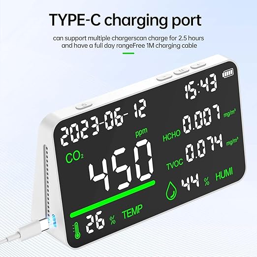 7-in-1 Indoor Air Quality Monitor,Desktop CO2/TVOC/HCHO Detector with Temperature,Humidity,Time & Date Display,High Accuracy,Ideal for Wildfire Monotoring,Home,Office,and School Use - Image 5