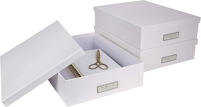 Bigso Oskar Fiberboard Label Frame Document Letter Box - File Organizer Box for Important Paperwork - Durable Document Storage with a Lid & Metal Label Window - 3.3 in x 10.2 in x 13.8 in - White - Image 6