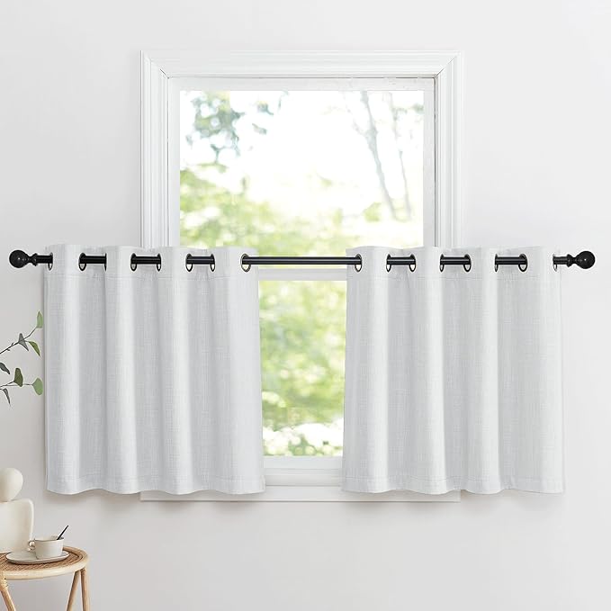 NICETOWN Faux Linen Curtain Valances for Kitchen Over Sink, Farmhouse Light Filtering Privacy Window Covering for Bathroom, Short Curtains for Cabinet, W52 x L24 inch, 2 Panels, Greyish White by NICETOWN