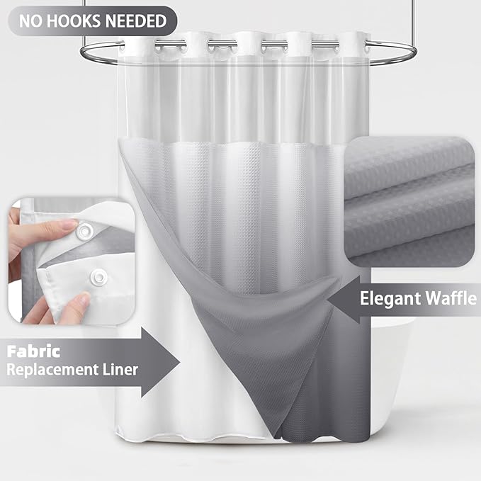 No Hook Shower Curtain and Liner Set,Ombre Grey Hotel Waffle Shower Curtain with Liner 75" L x 72" W - Image 2