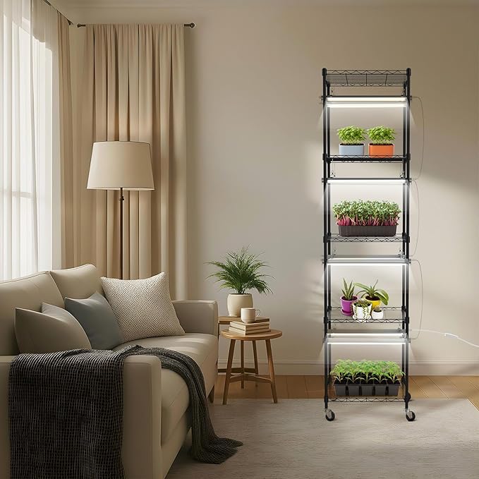 SOLIGT Plant Shelf with Grow Lights, 5 Tier Grow Light Stand Rack with 8 Pack 16“ 6000K T5 Full Spectrum Led Grow Lights for Indoor Plants, Seed Starting, Seedling Growing, Timer Included - Image 2
