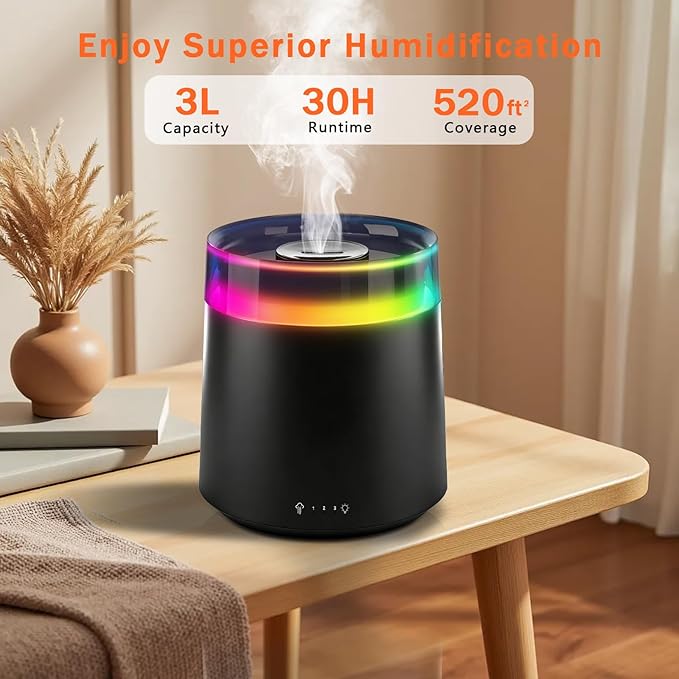 Humidifiers for Bedroom Home,3L Top Fill Cool Mist Humidifier for Baby Nursery,Essential Oil Diffuser for Large Room,3 in 1 uiet Ultrasonic Humidifier for,Office,Plant,Nursery,BPA FREE(Black) - Image 4