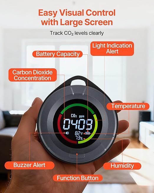 VEVOR Carbon Dioxide Monitor, CO2 Controller with Temperature and Humidity Display, NDIR Sensor Carbon Dioxide Detector, for Outdoors, Home, Office, Car, Lightweight & Portable - Image 6