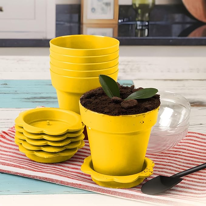 20 Pcs Nursery Pots with Humidity Dome, Flower Pot Dessert Cups with Bring A Plate and Shovel, Planting Cups for Seeds for Indoor Gardening and Plant Propagation(Yellow) - Image 3